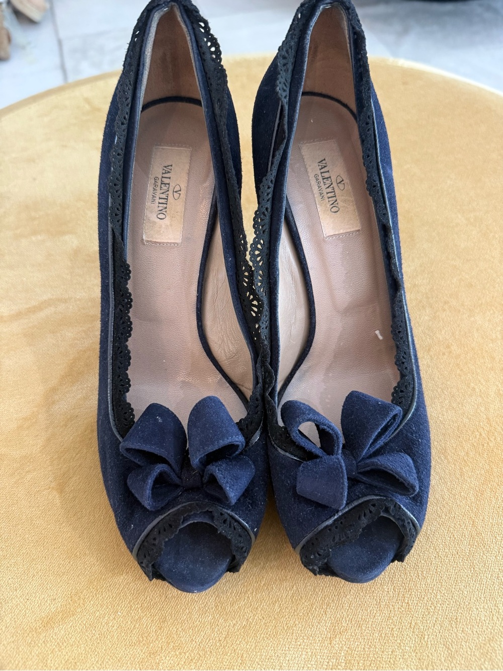 Valentino Vintage Navy Suede Peep-Toe Bow Pumps